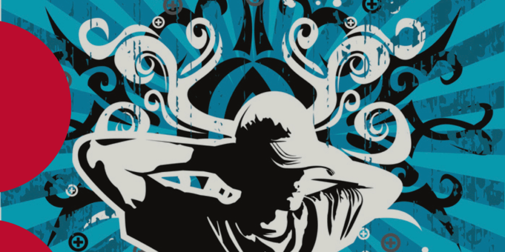 An illustration of a boy teenage boy with his hands behind his head looking down with creative blue texture background